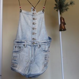 Jean short overalls w/ leather cord straps sz:28US